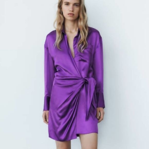 Zara Purple Satin Effect Wrap Dress Long Sleeve Collar Slip Dress Small - Picture 3 of 11